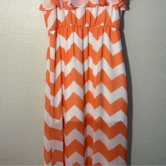 Maxi Sundress Chevron Print Women’s Medium Orange White Spaghetti Straps. - Picture 4 of 12